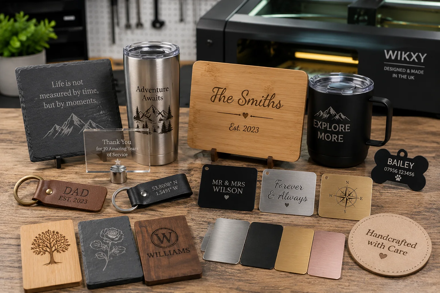 Custom engraving examples on leather, metal, wood and slate