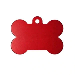 dog-tag-red-1.webp Red bone-shaped dog tag for personalised pet identification.