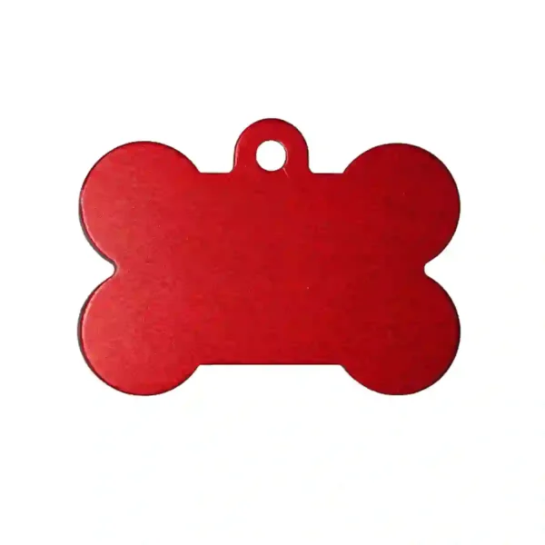 dog-tag-red-1.webp Red bone-shaped dog tag for personalised pet identification.