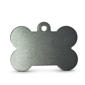 dog-tag-silver-1.webp Durable silver bone-shaped dog tag for pet identification.