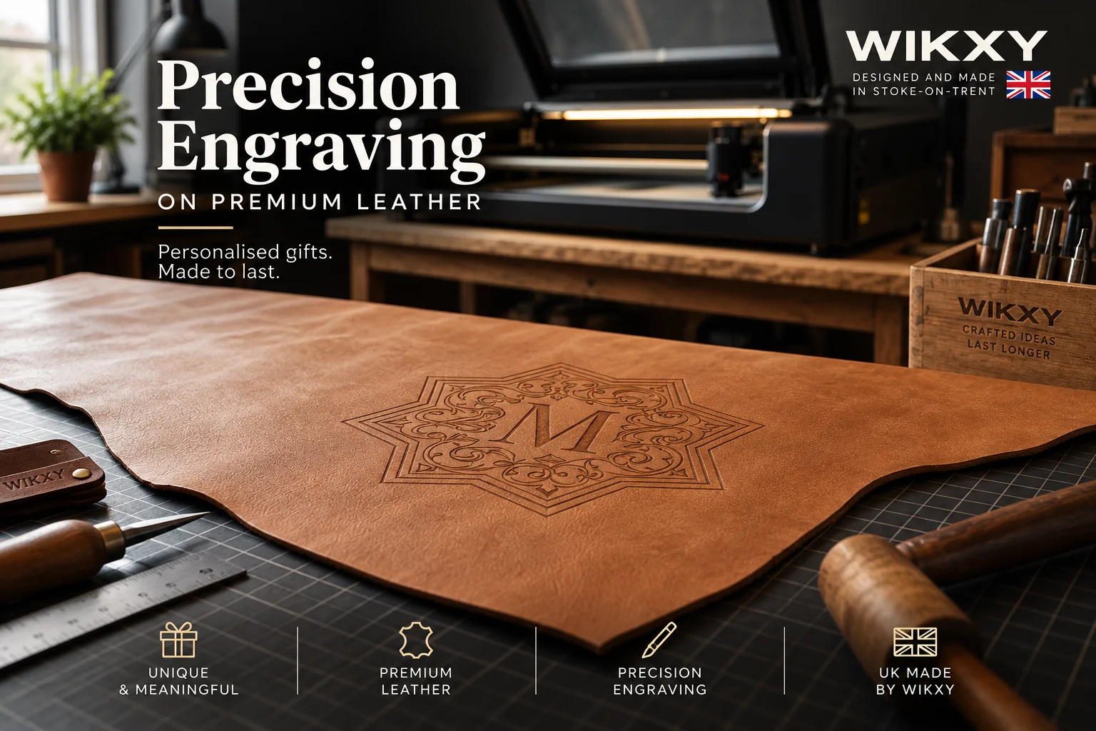 Leather engraving of a detailed monogram on premium tan leather in the WIKXY workshop