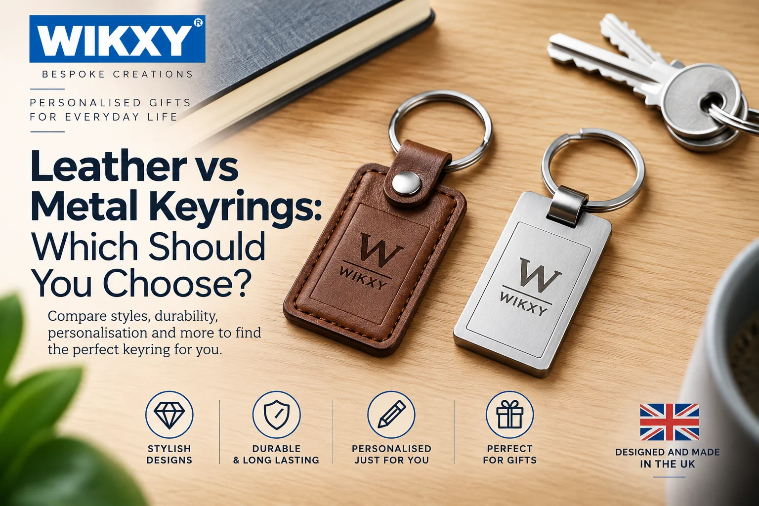 Leather vs metal keyrings displayed side by side with house keys on a wooden desk