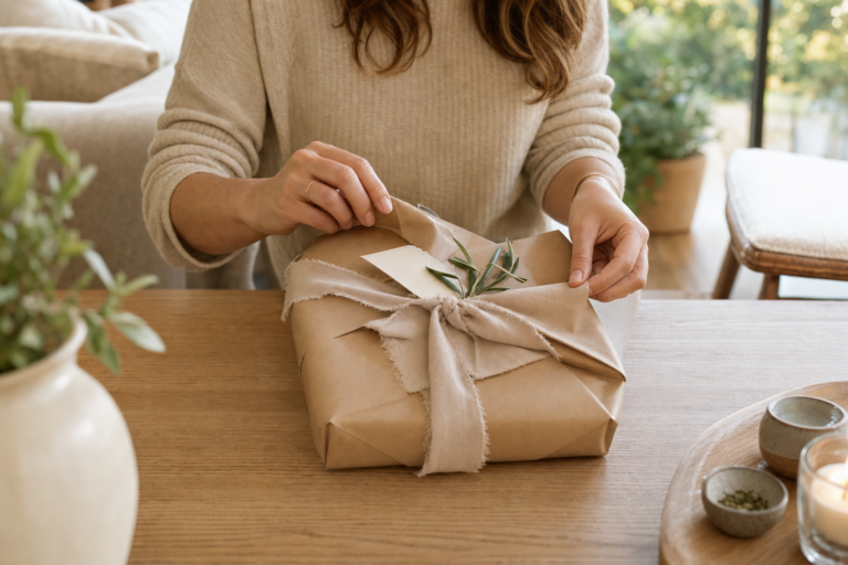 Personalised Gifts for Her Lady Looking for a personalised gift for her that feels a little more thoughtful? 🎁 Woman opening a thoughtfully wrapped personalised gift on a wooden table.