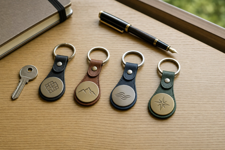 A selection of personalised keyrings arranged with keys on a light wooden desk.