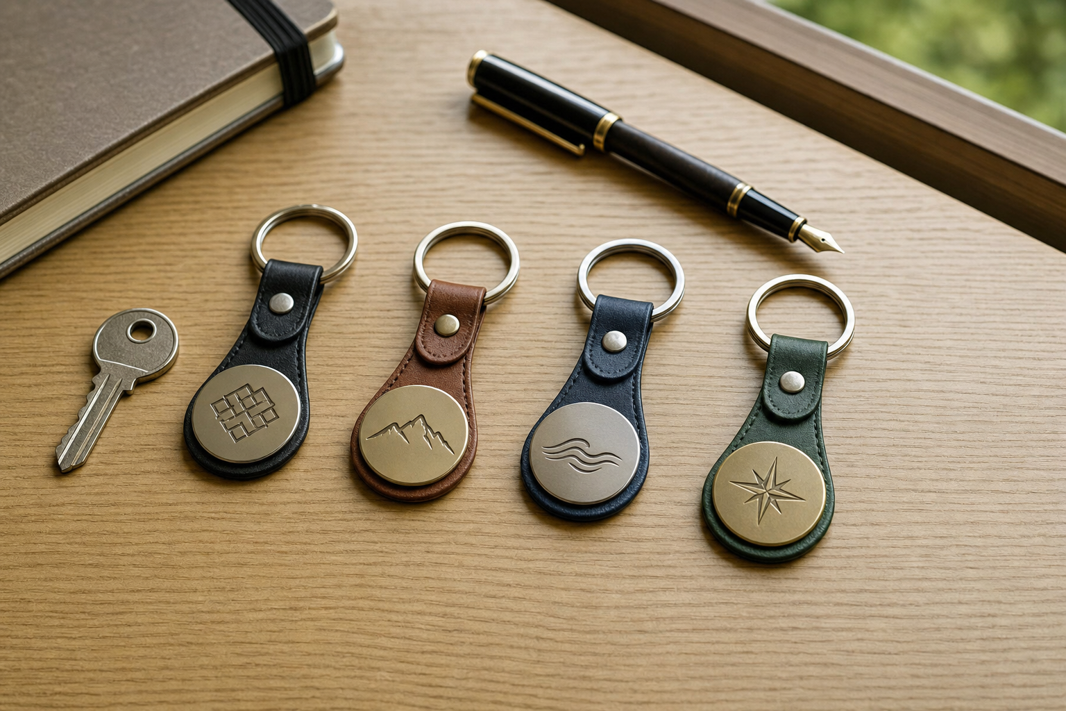 A selection of personalised keyrings arranged with keys on a light wooden desk.