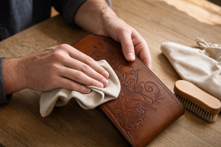 Hands gently cleaning an engraved brown leather item with a soft cloth.