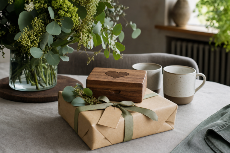 Best Personalised Gifts - Thoughtfully wrapped personalised gift for a couple on a dining table in a modern home.