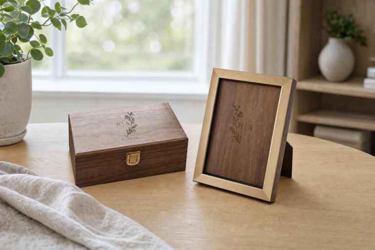 Personalised Gifts - Two complementary personalised keepsake gifts arranged on a wooden table in a bright home.