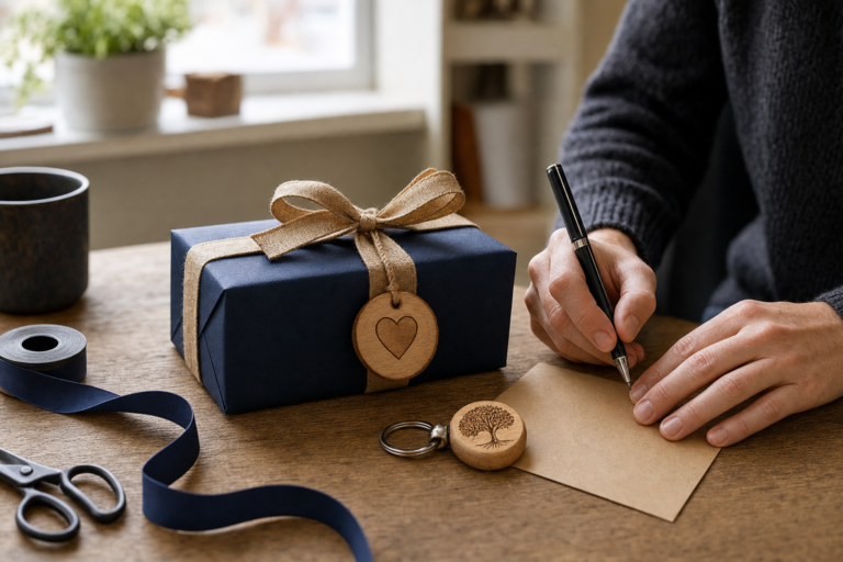 Thoughtfully wrapped personalised gift and engraved keepsake on a craft studio worktable.